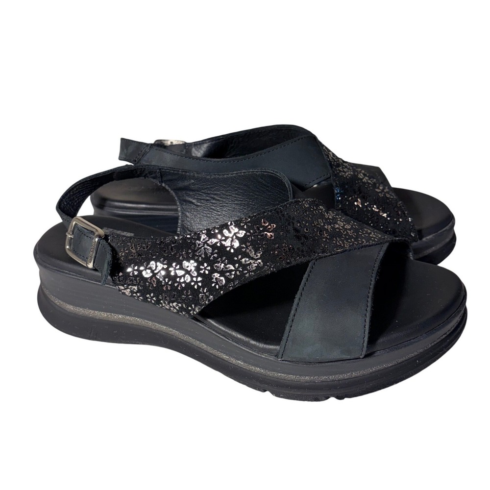 Paula Urban Black Leather Metallic Floral Wedge Sandals Womens 39 Spain